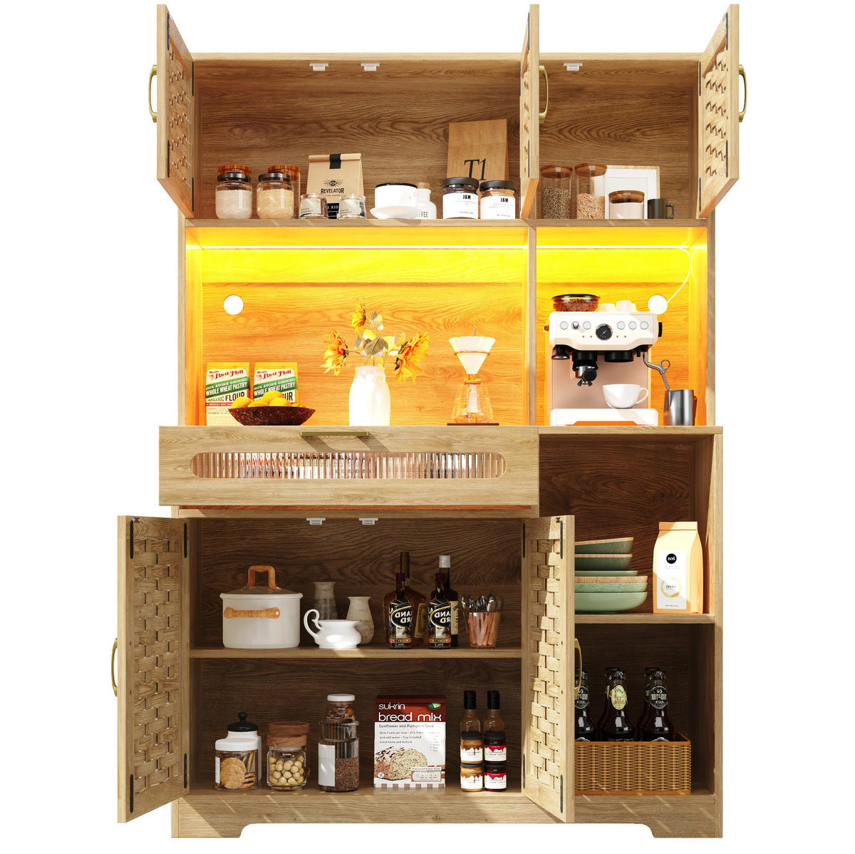 HOCHSCHRANK in MDF-Holzoptik mit geflochtenen Glasfronten, LED-App-Steuerung und USB, 120/40/180 cm, Naturfarben - Naturfarben, Holzwerkstoff (120/180/40cm) - Redom