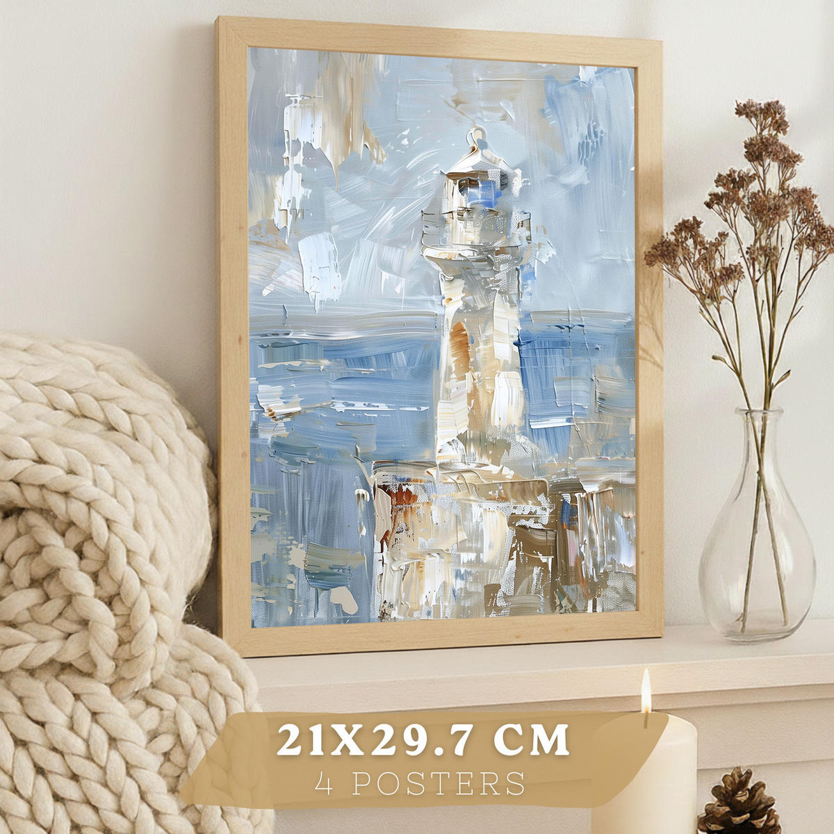PLAKAT Sada 3 tisků s motivy pláže, moře a francouzské riviéry: maják a loď. Nástěnná dekorace. Přímořská scenérie. Velikost Světlý dřevěný rám A4 - béžová, papír (21/29.7/3cm) - Nacnic