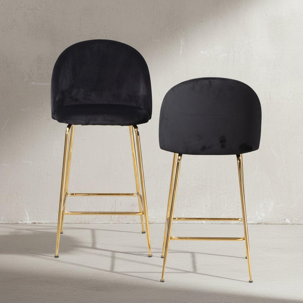 BARHOCKER 2er Set Samt Lehne Goldgestell Skandi-Stil Gepolstert, Schwarz 50x50x102 cm - Goldfarben/Schwarz, Textil/Metall (50/102/50cm) - KADIMA DESIGN
