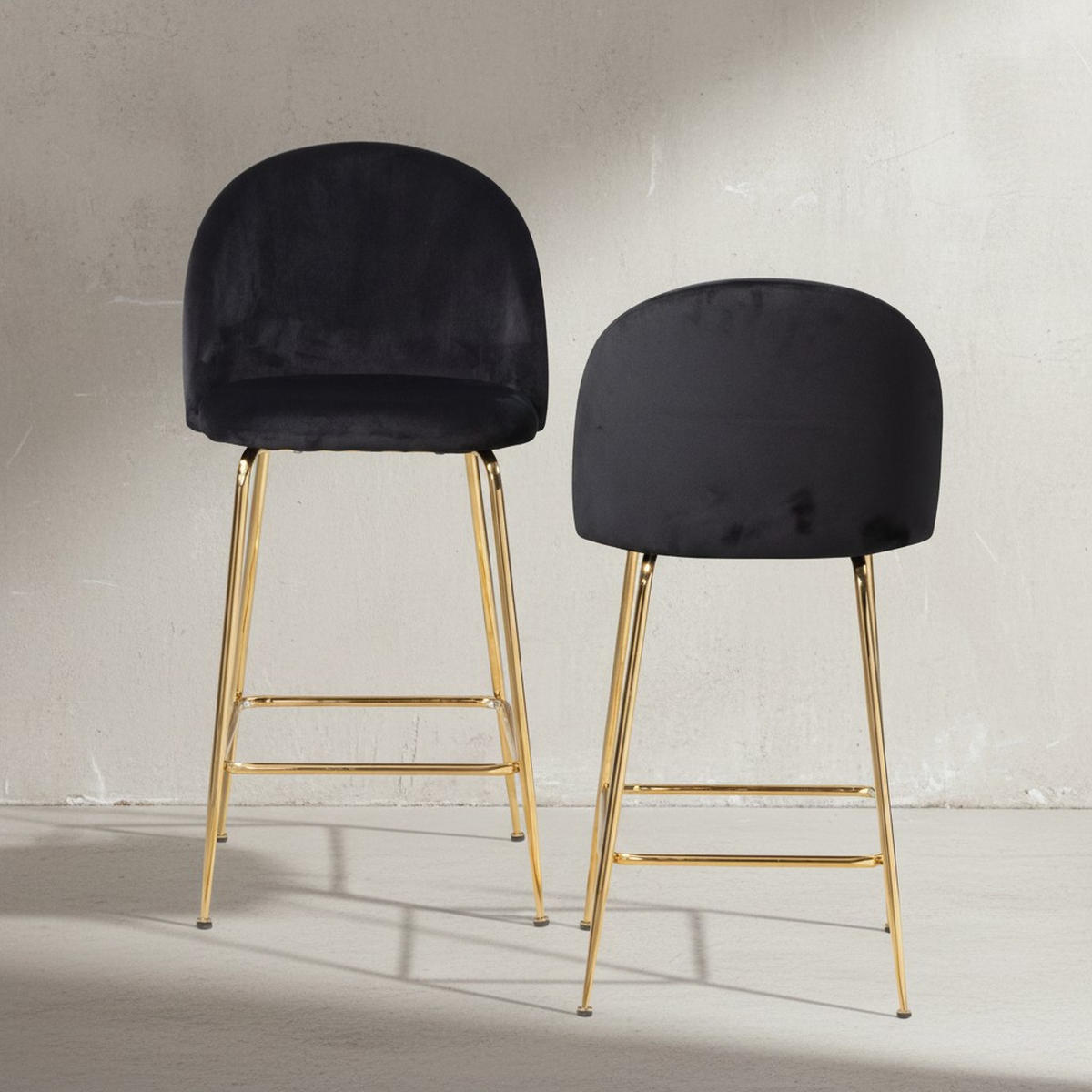 BARHOCKER 2er Set Samt Lehne Goldgestell Skandi-Stil Gepolstert, Schwarz 50x50x102 cm - Goldfarben/Schwarz, Textil/Metall (50/102/50cm) - KADIMA DESIGN