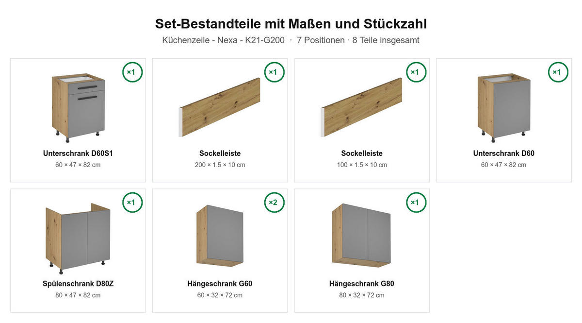 KÜCHENZEILE Nexa Grau & Woodline – 200 cm – K21-G200 - Hellbraun/Eiche Artisan, Holzwerkstoff (200/210/47cm) - ROYAL24_MARKT