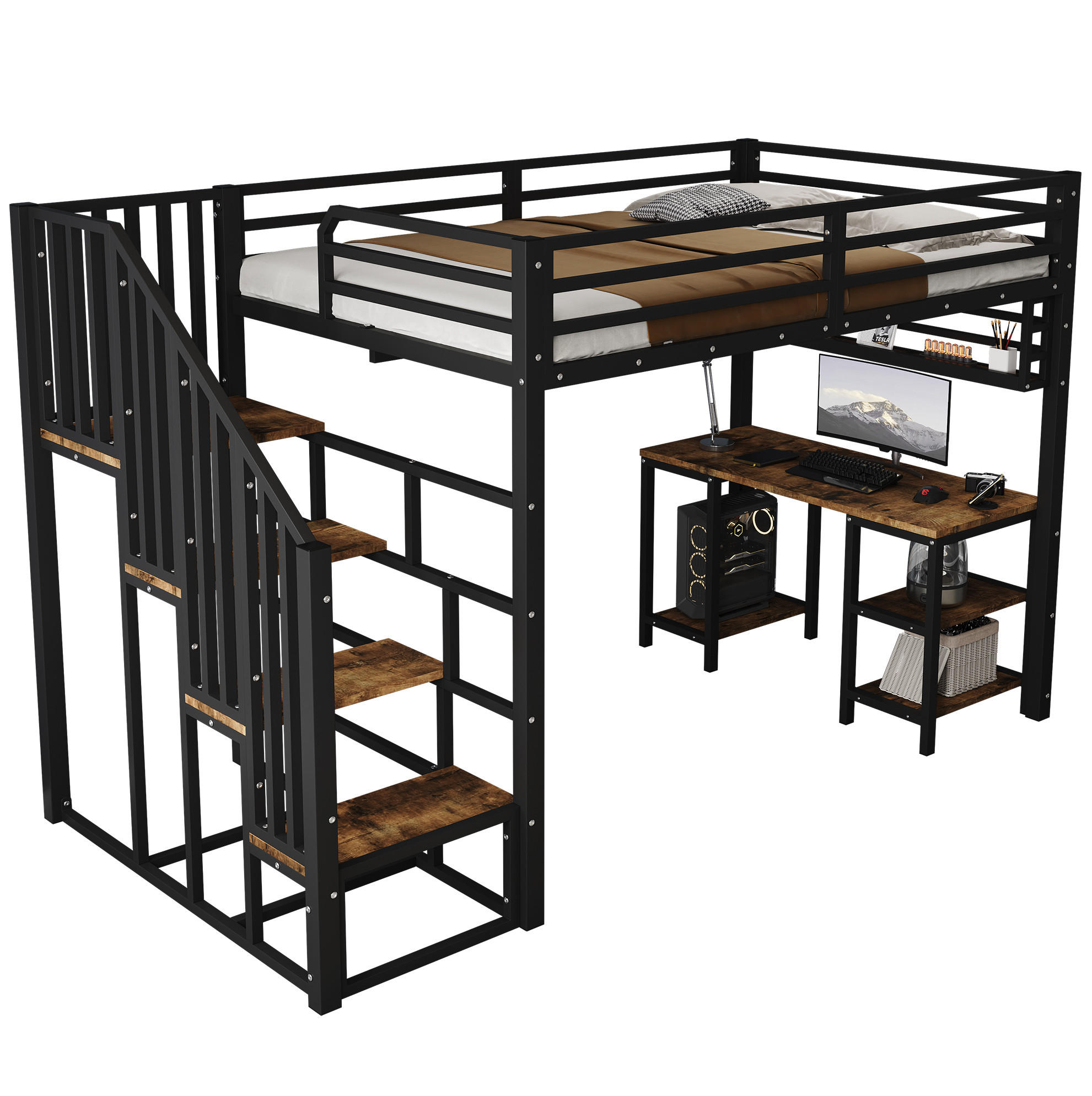 HOCHBETT 120/200 cm aus Metall und Holzwerkstoff mit Schreibtisch und Regal Schwarz/Dunkelwalnuss - Schwarz, Metall (120/200cm) - Modenvie