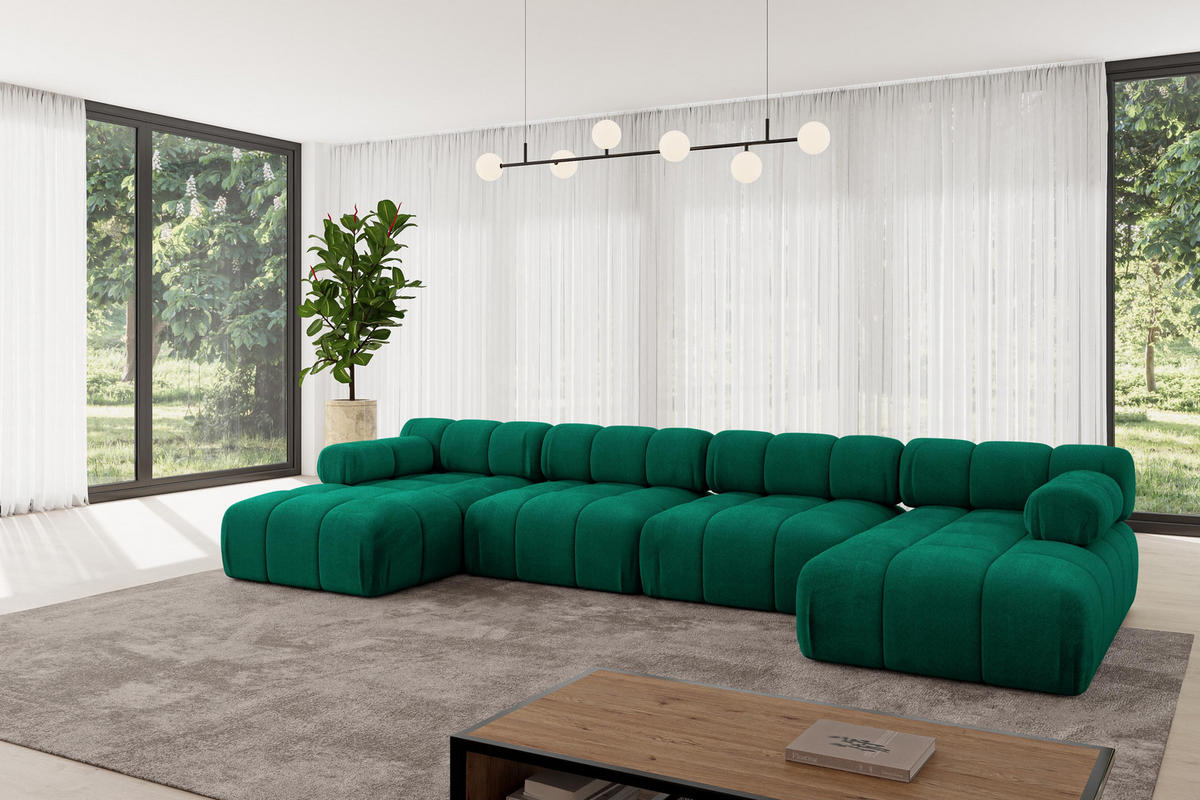 WOHNLANDSCHAFT modulares Sofa Tesso-U2 - 380x160x70 cm Dunkelgrün Velours - Dunkelgrün, Holzwerkstoff/Textil (380/70/160cm) - ALTDECOR