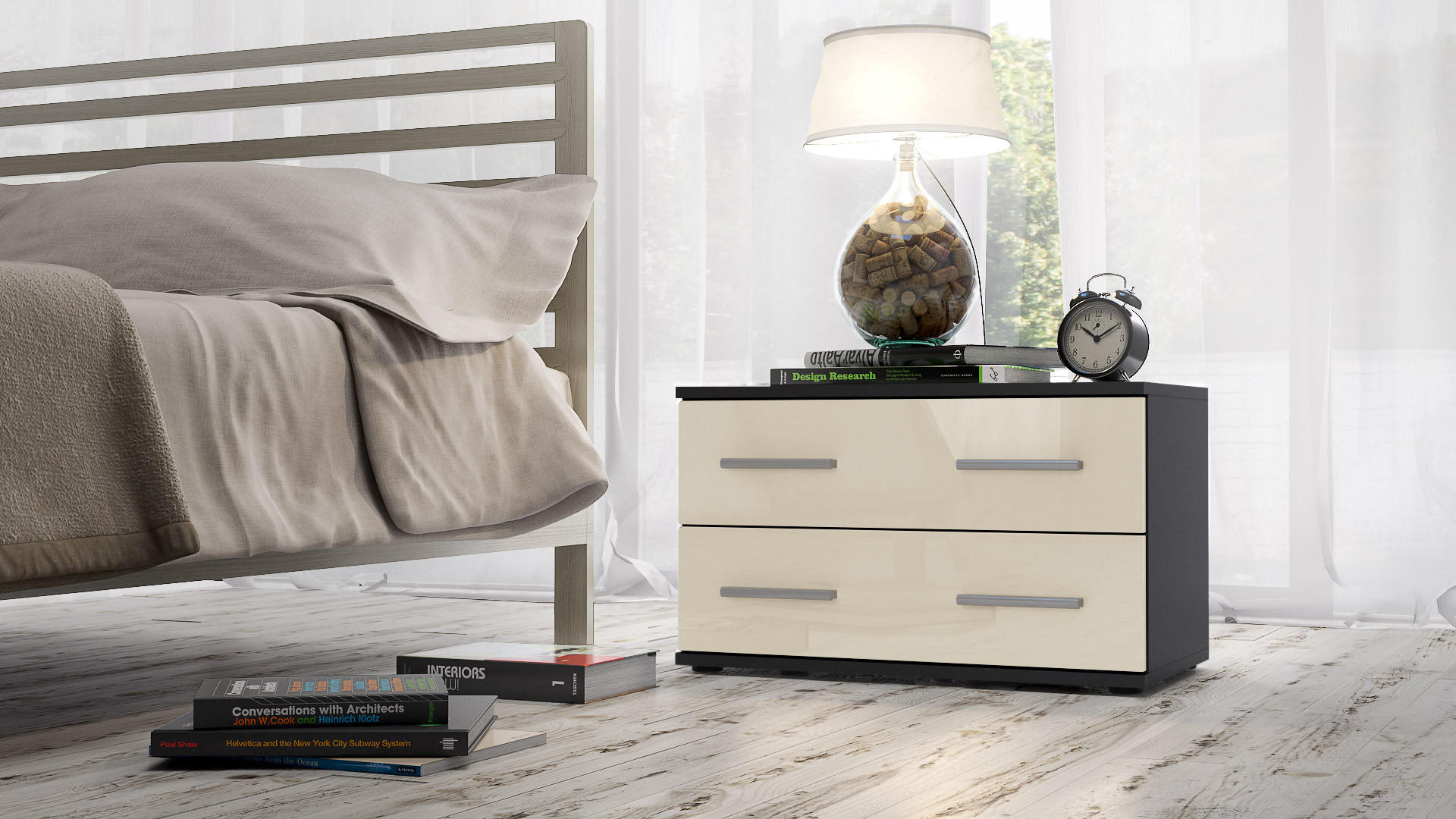 NACHTTISCH Kioto Front in Creme Hochglanz - Creme, Holzwerkstoff (60/35/35cm) - Vladon