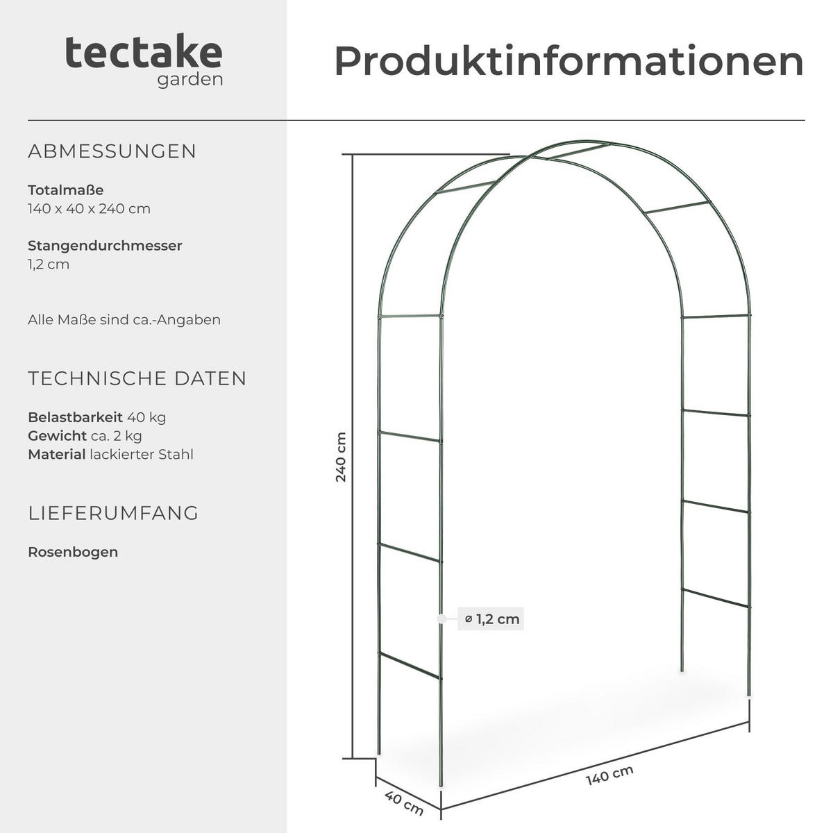 ROSENBOGEN , 140 x 40 x 240 cm, grün - Grün, Metall (40/240/140cm) - tectake