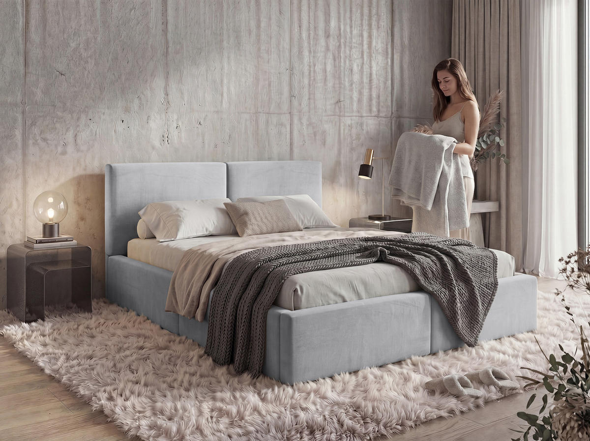 POLSTERBETT 160X200 Hellgrau mit Stauraum inkl. Hebemechanismus - Hellgrau, Textil (160/200cm) - Interbeds