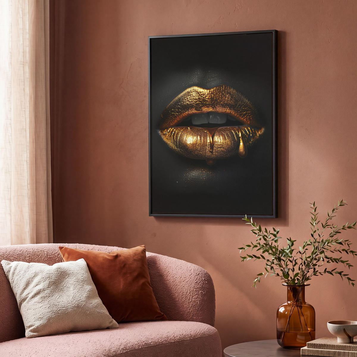 LEINWAND Bilder mit Rahmen - Frau - Porträt - Lippen - Gold - Schwarz - 70x100 - Schwarz, Textil (70/100cm) - MuchoWow