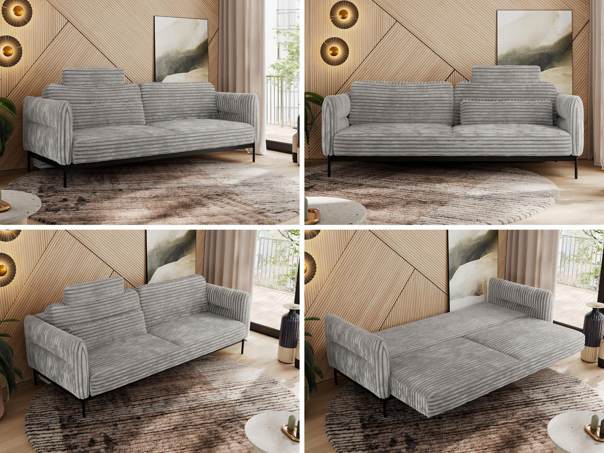 SOFA SALENTO Hellgrau Cord - Hellgrau/Schwarz, Textil/Metall (221/82/101cm) - MKS