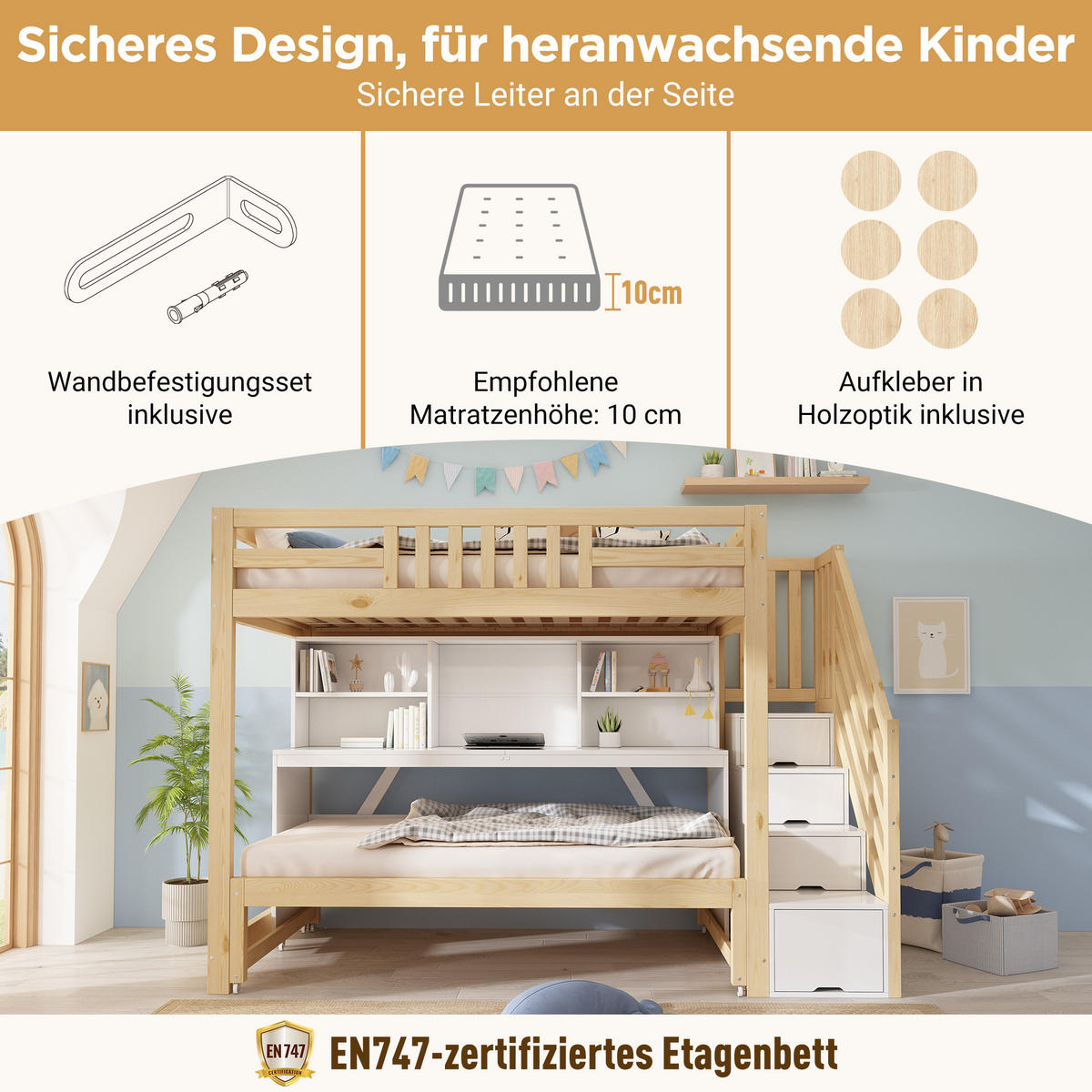 ETAGENBETT 90/190/200 cm mit Ausziehbett und Schreibtisch, DE-41563, in Weiß/Eiche - Eichefarben, Holzwerkstoff (90/200cm) - ComfortXL