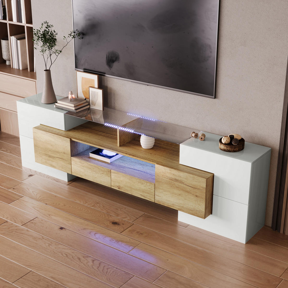 TV-ELEMENT 200 cm Hochglanz Weiß mit LED-Beleuchtung und Stauraum - Weiß, Holzwerkstoff (35/60/200cm) - Korfee
