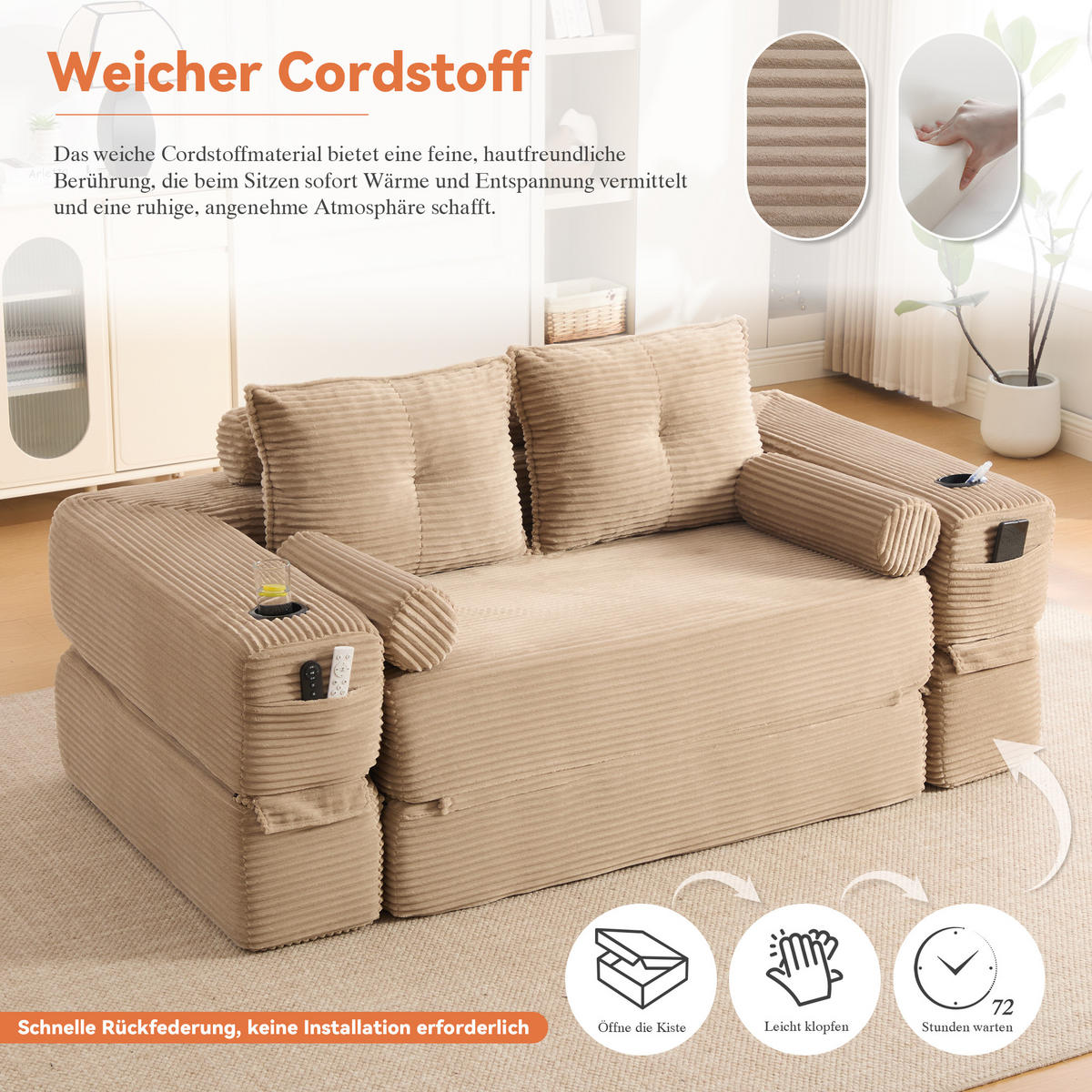 SCHLAFSOFA mit Schlaffunktion, Getränkehalter und Memory-Kissen aus Cord - Taupe, Textil (180/80/98cm) - EVRYAE