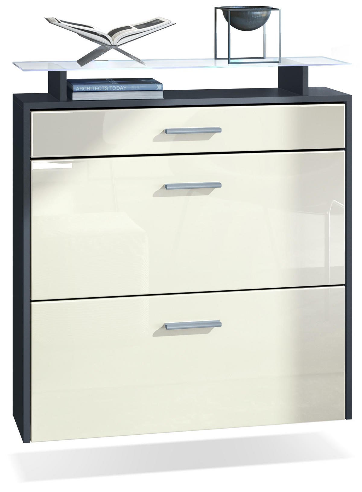 SCHUHSCHRANK Malea Fronten in Creme Hochglanz - Creme, Holzwerkstoff (89/96/23cm) - Vladon