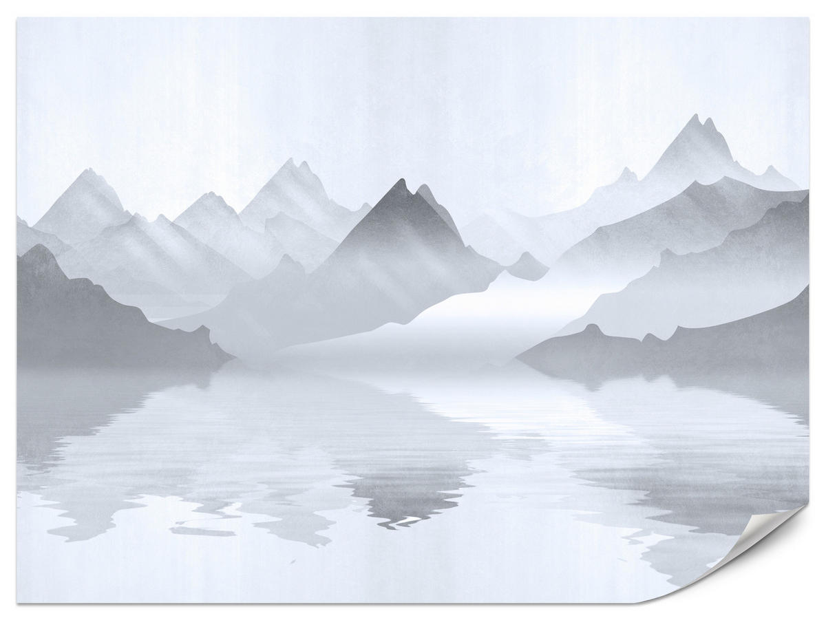 FOTOTAPETE für Wohnzimmer Aquarell Graue Berge See 400x280 - Weiß/Grau, Papier (400/280cm) - Muralo