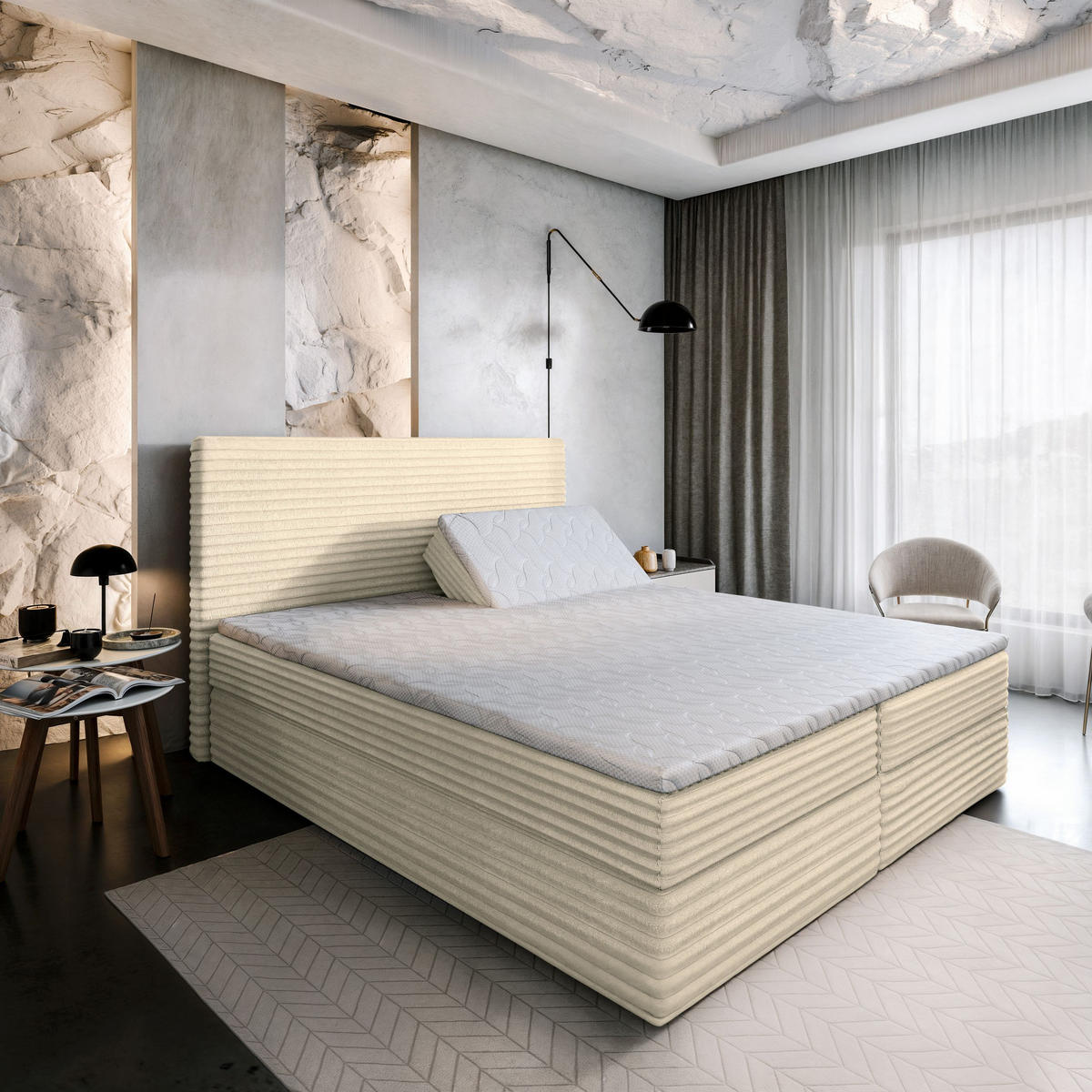 BOXBETT MILARA 140x200 cm mit Matratze und Topper - Creme - Creme, Holz (140/200cm) - MASSENO