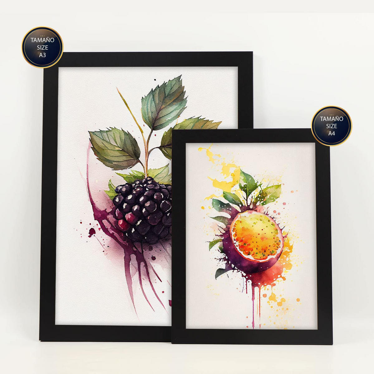 POSTER Set Mit 6 Beeren & Pfirsiche Plakate Von Obst Gemüse & Gesunden Lebensmitteln Im Aquarell Kunst Auf Reinweißen A3 & A4 Schwarzer Rahmen - Schwarz, Papier (29/3cm) - Nacnic