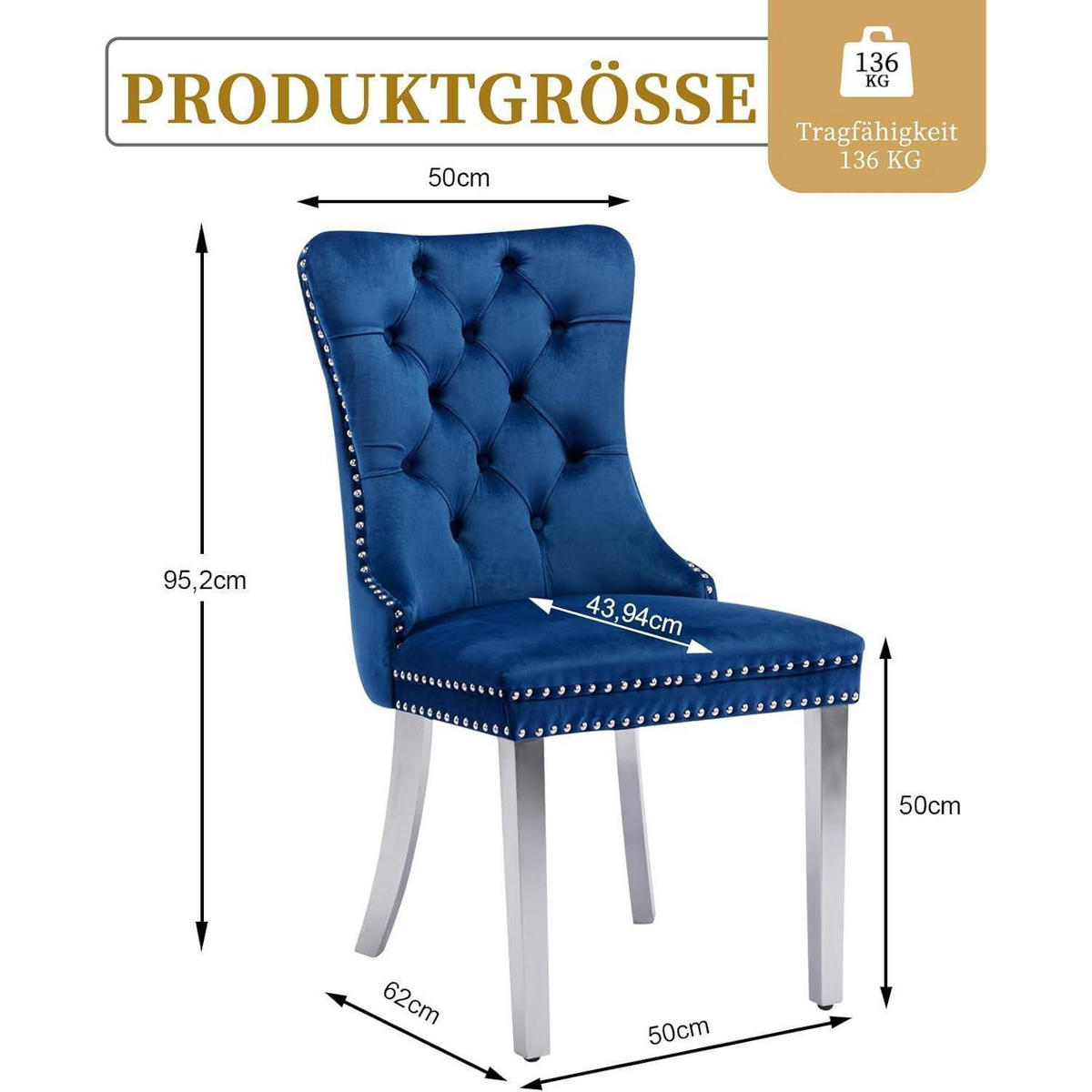 ESSZIMMERSTUHL 8er Set Samt Blau mit Edelstahlbeinen - Blau, Textil (50/95.2/62cm)