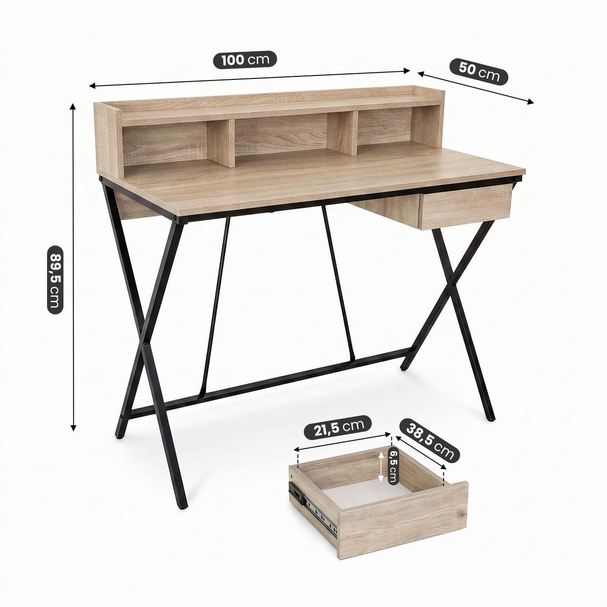 SCHREIBTISCH FLEXO 100 cm Eiche Sonoma - Schwarz/Sonoma Eiche, Holzwerkstoff (50/100/89.5cm) - Akord