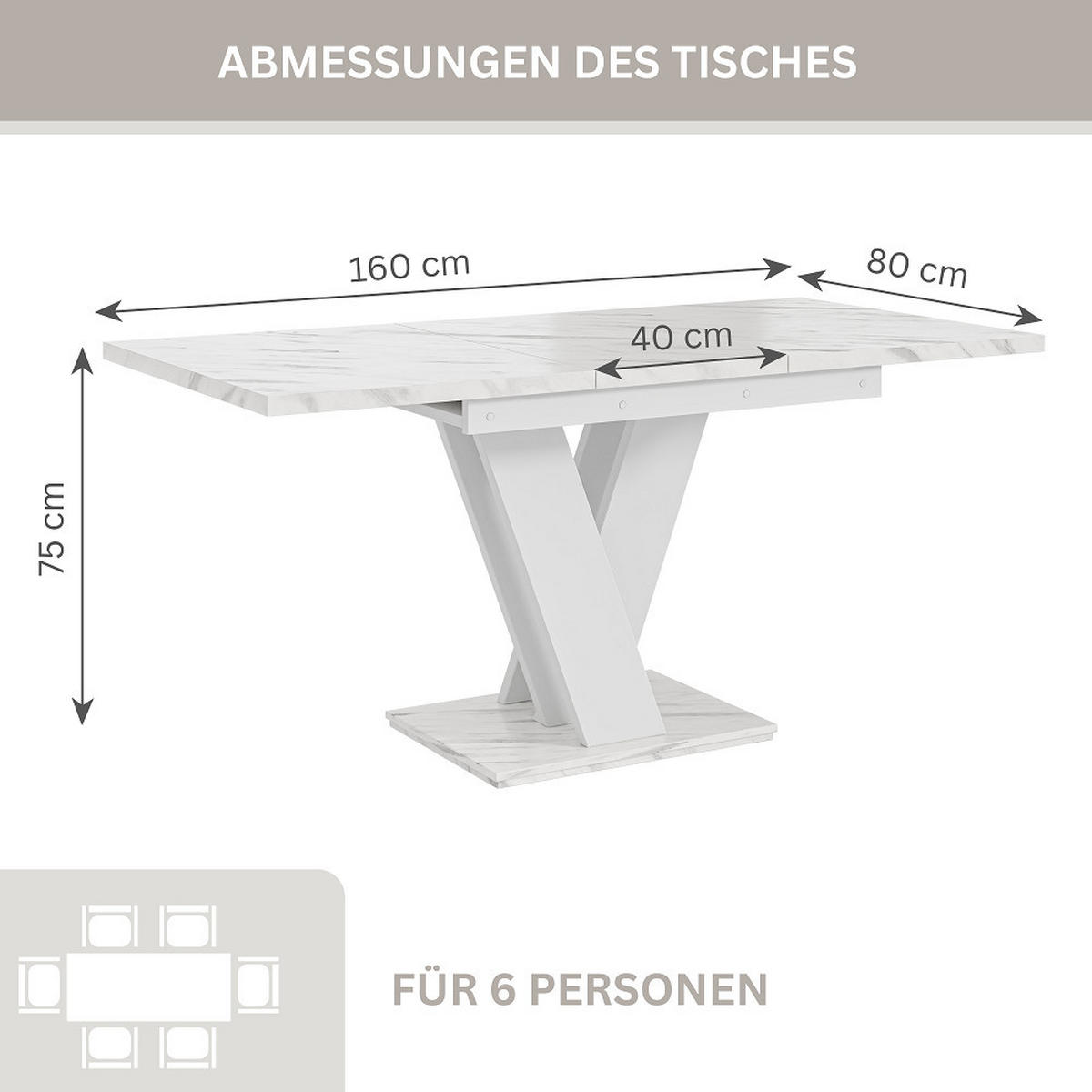 ESSTISCH Bianco Weiß Marmoptik Ausziehbar 120 - 160 cm - Weiß, Holzwerkstoff (120/80/75cm) - PROSPERO