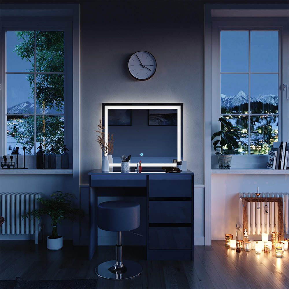 SCHMINKTISCH Sherry Anthrazit 90 cm mit LED Spiegel und Hocker - Schwarz Hochglanz/Anthrazit, Holzwerkstoff (90/75/40cm) - Vicco