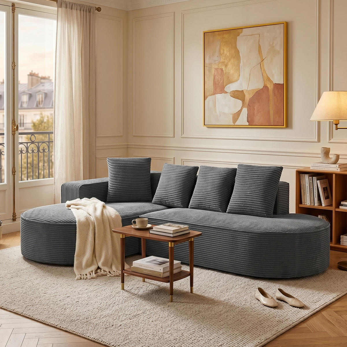 CANAPEA de colț din fleece granulat, design lounge fără ramă, nu necesită asamblare. - gri, material textil (265/67cm) - Urban Meuble