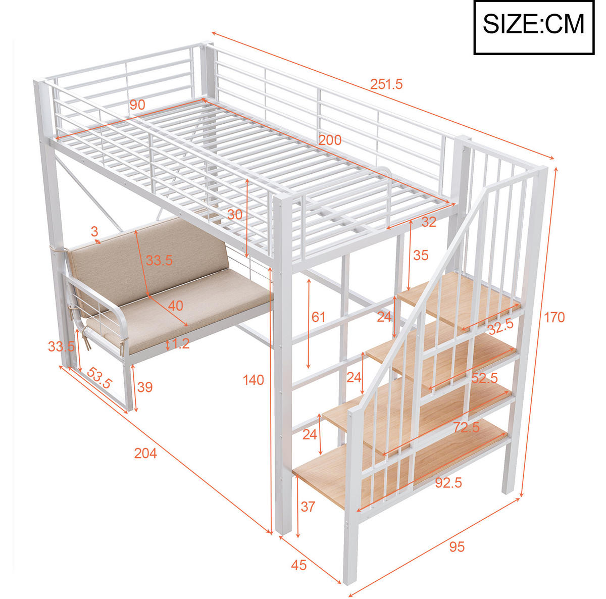 HOCHBETT 90/200 cm aus Metall und MDF mit abnehmbarem Polstersofa und Stauraumtreppe Weiß - Weiß, Metall (90/200cm) - Modenvie