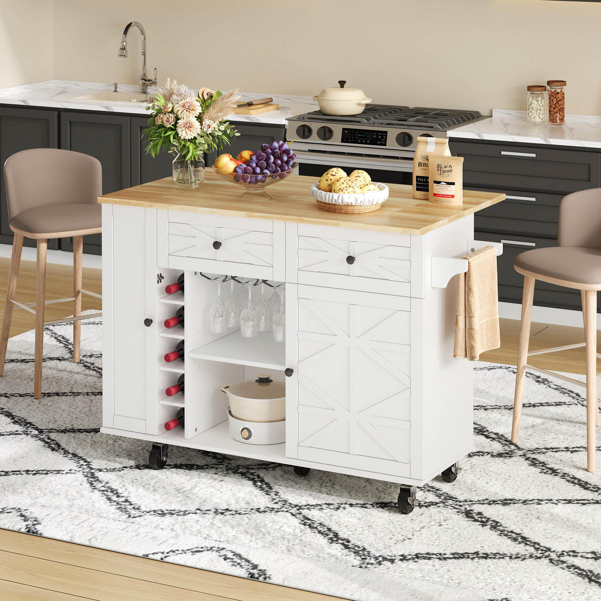 KÜCHENINSEL 120x70x89cm Weiß mit Klappplatte,Schubladen,Weinregal & Rollen - Weiß, Holzwerkstoff (120/89/70cm) - Modfu