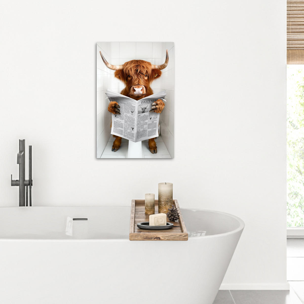 LEINWANDBILD Schottischer Highlander - Tier - Zeitung - Toilette 40x60 cm - Kastanienfarben, Textil (40/60cm) - MuchoWow