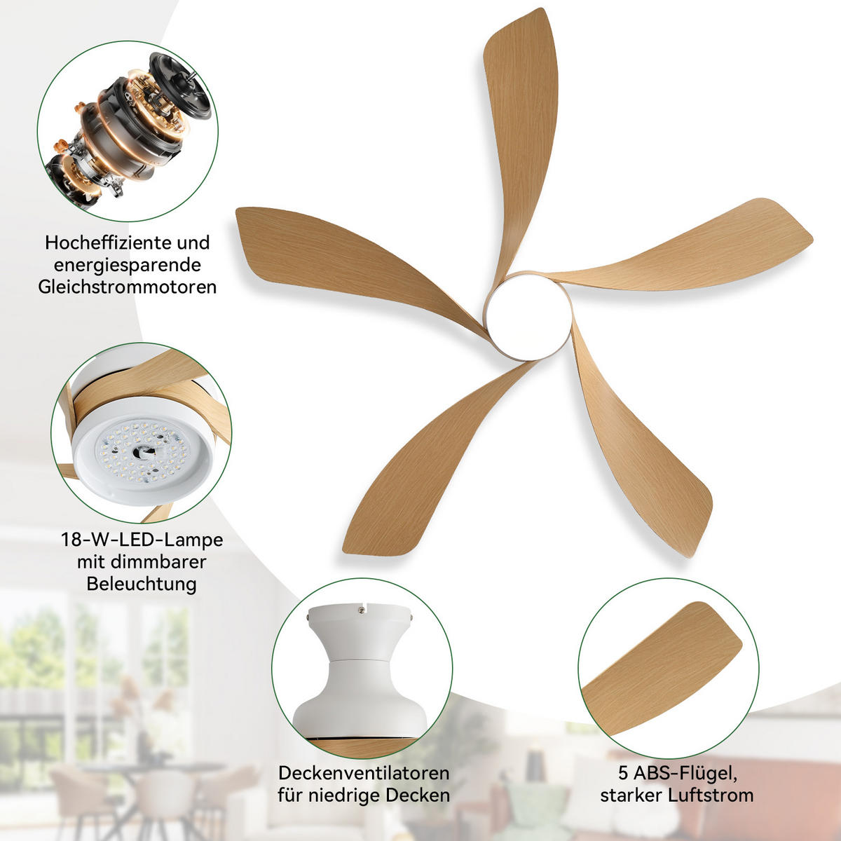 DECKENVENTILATOR 132cm Direktmontage LED Licht 5 Flügel DC Motor - Weiß, Kunststoff (132/132/30.5cm) - CASIVA