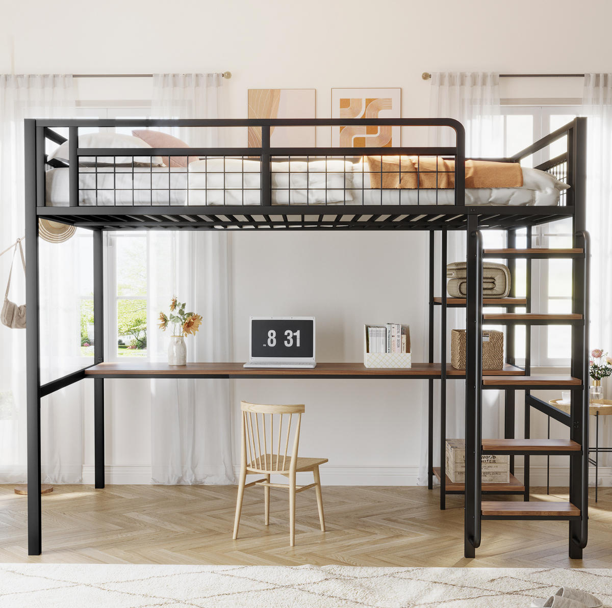HOCHBETT 140/200 cm aus Metall mit Schreibtisch und Regal, Schwarz - Schwarz, Metall (140/200cm) - Flora Grace