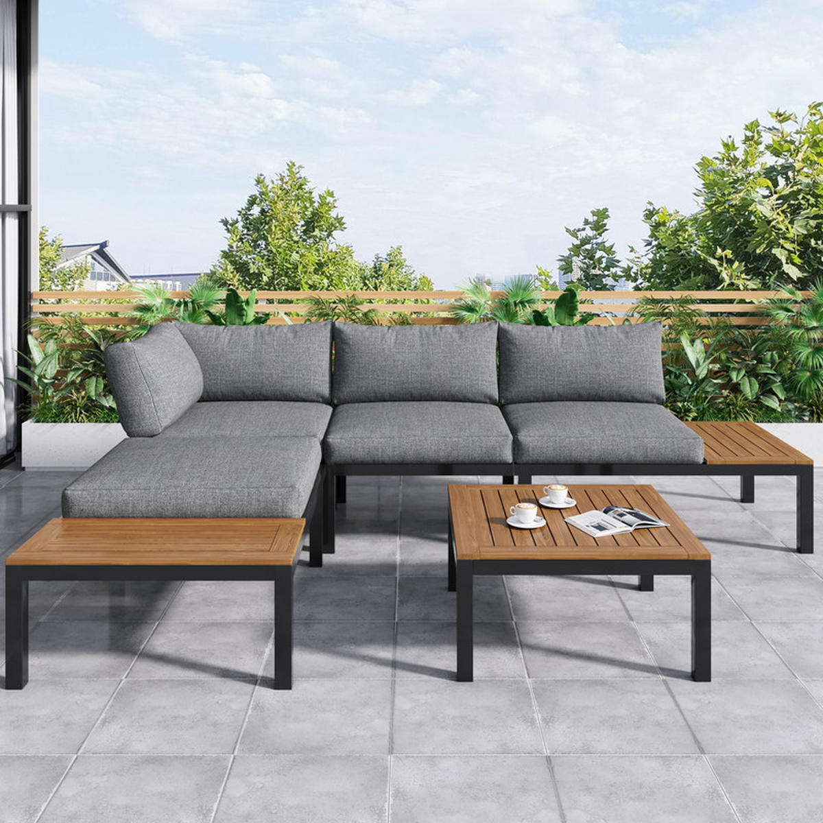 GARTENLOUNGE-SET GRAU 2 Zweisitzer mit Akazien-Tisch und Stoffbezug - Grau, Textil - BLACKCUP