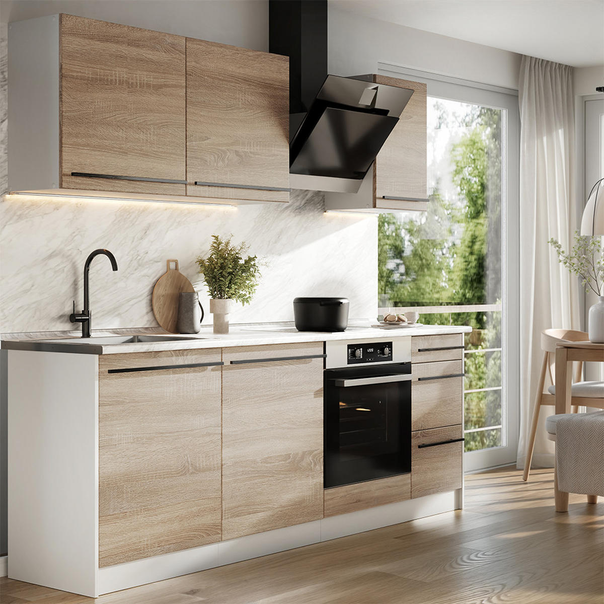 KÜCHENZEILE R-Line, Sonoma/Weiß, 220 cm Arbeitsplatte Anthrazit - Weiß/Sonoma Eiche, Holzwerkstoff (220/81.6/60cm) - Vicco