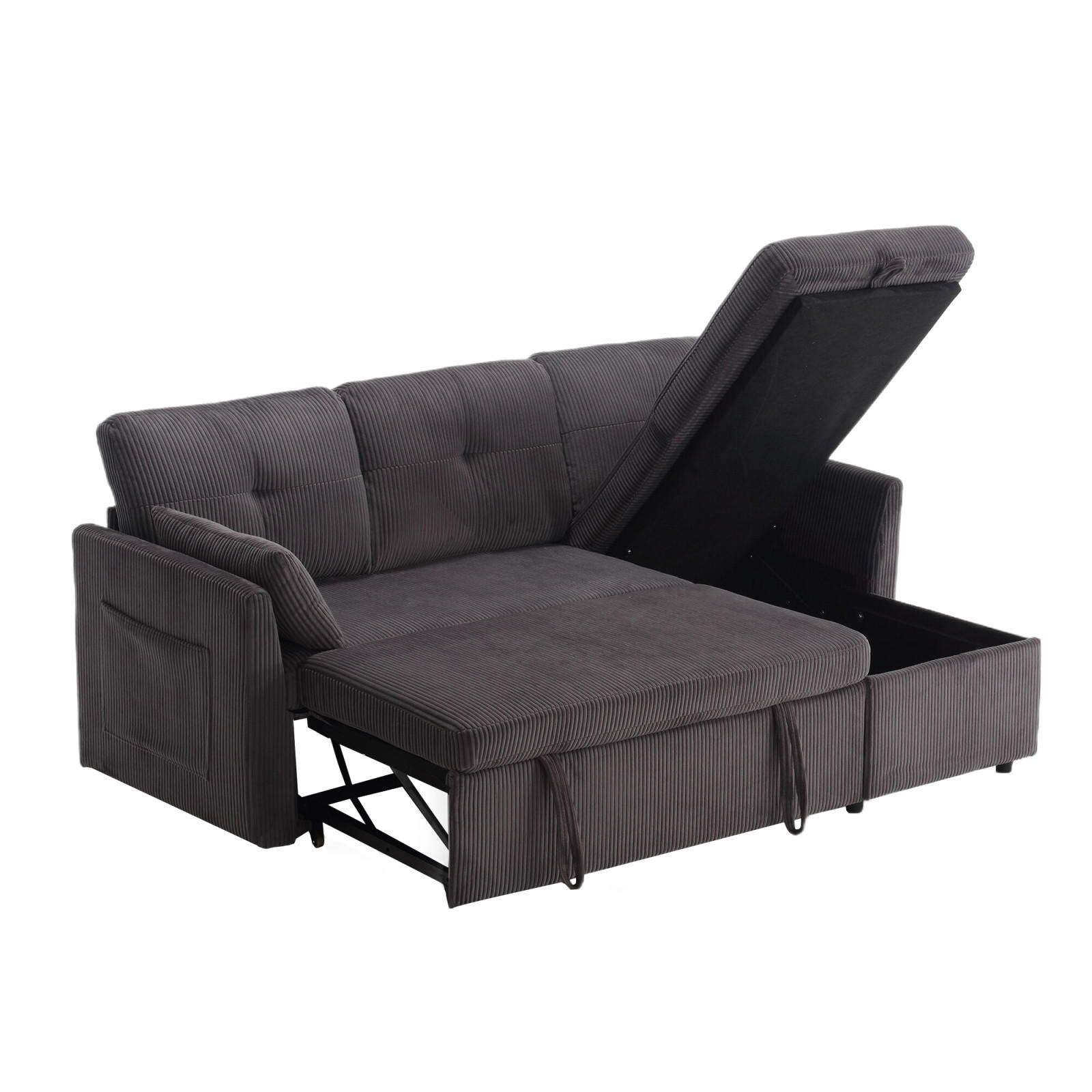SCHLAFSOFA mit Stauraum, Ausziehbett und wechselbarer Chaiselongue - Dunkelgrau, Textil (206/66/108cm)