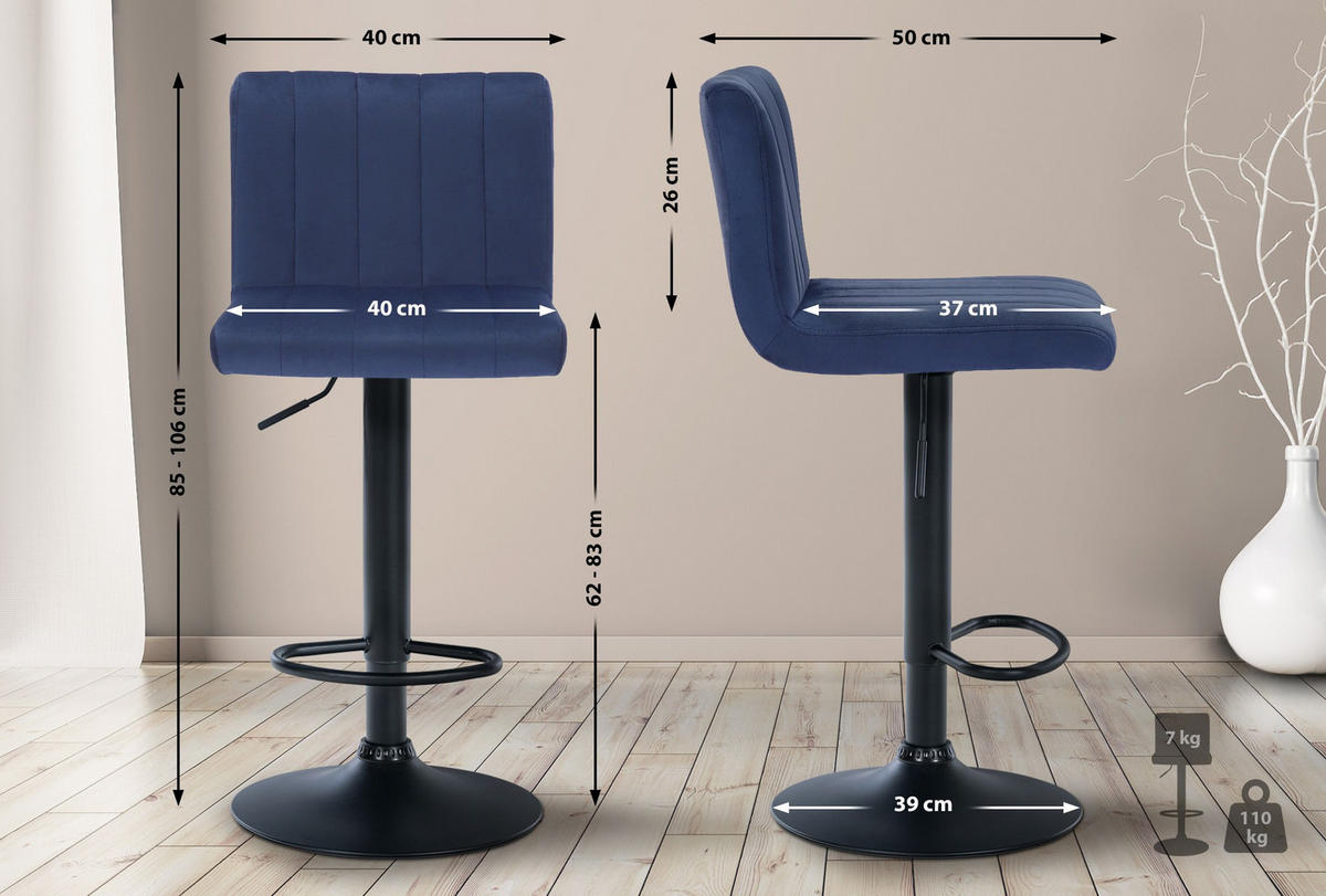 BARHOCKER Samt blau - Blau/Schwarz, Textil/Metall (41/87/49cm) - CLP