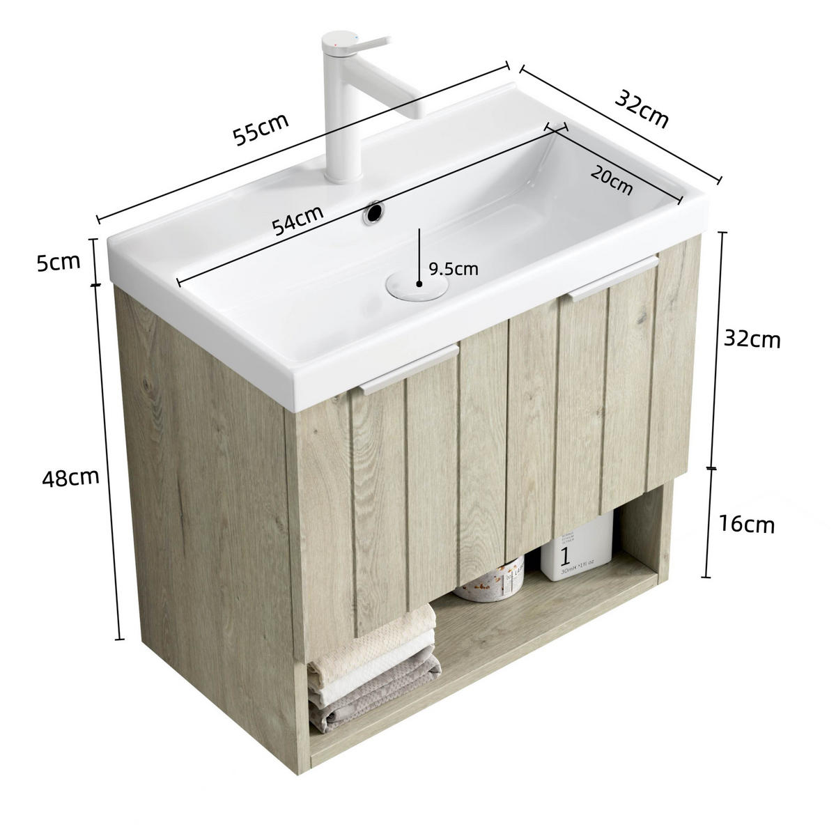 WASCHTISCHUNTERSCHRANK 55x32x53cm Creme/Weiß mit glänzendem Keramikbecken - Creme, Keramik (55/53/32cm) - Modfu