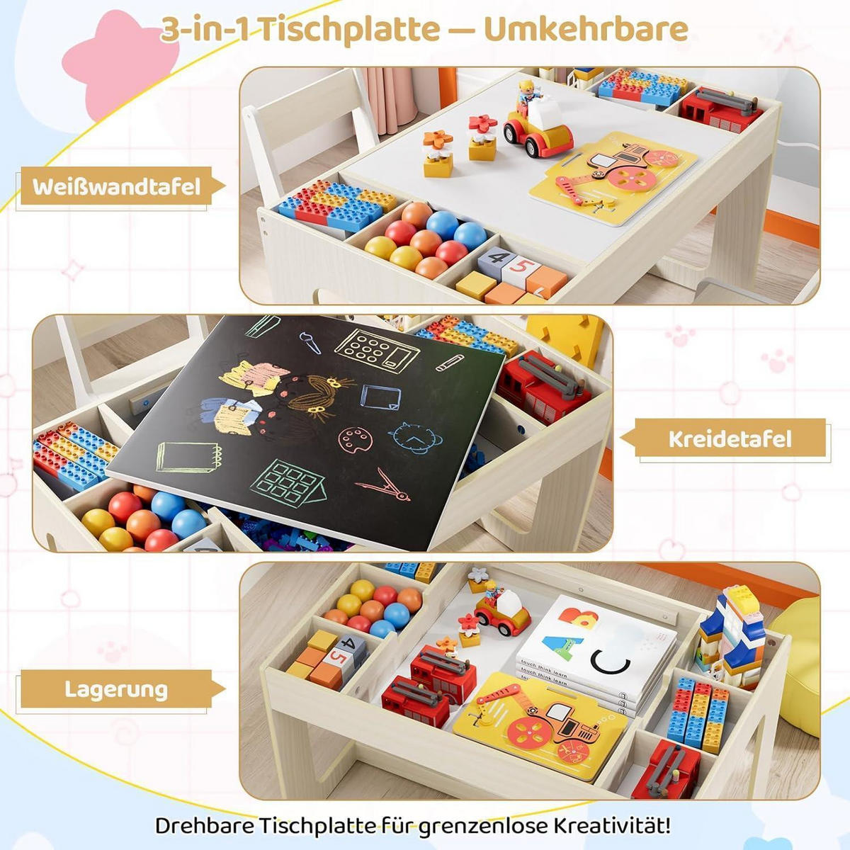 KINDERTISCH-STUHL-SET mit Stauraum Holzoptik mit Weiß 2-teiliges Set - Creme, Holzwerkstoff (48/48/80cm)