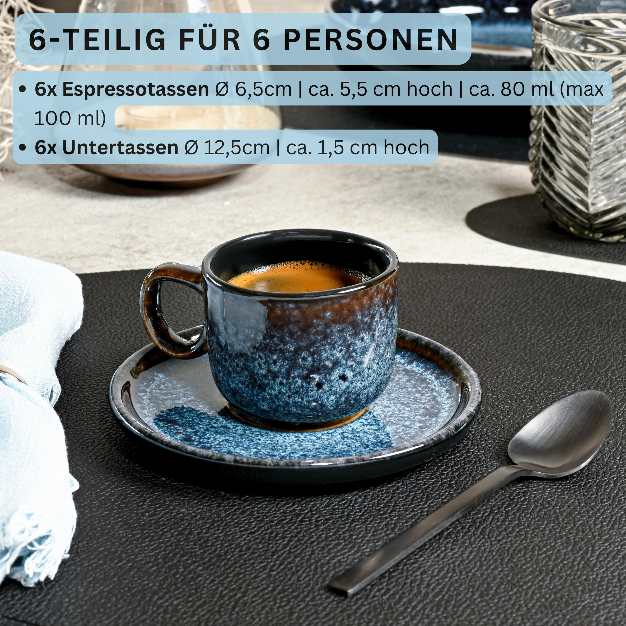 ESPRESSOTASSEN SET OSAKA - 12 teilig aus Steinugt - Blau, Stein (0.08L) - Sänger