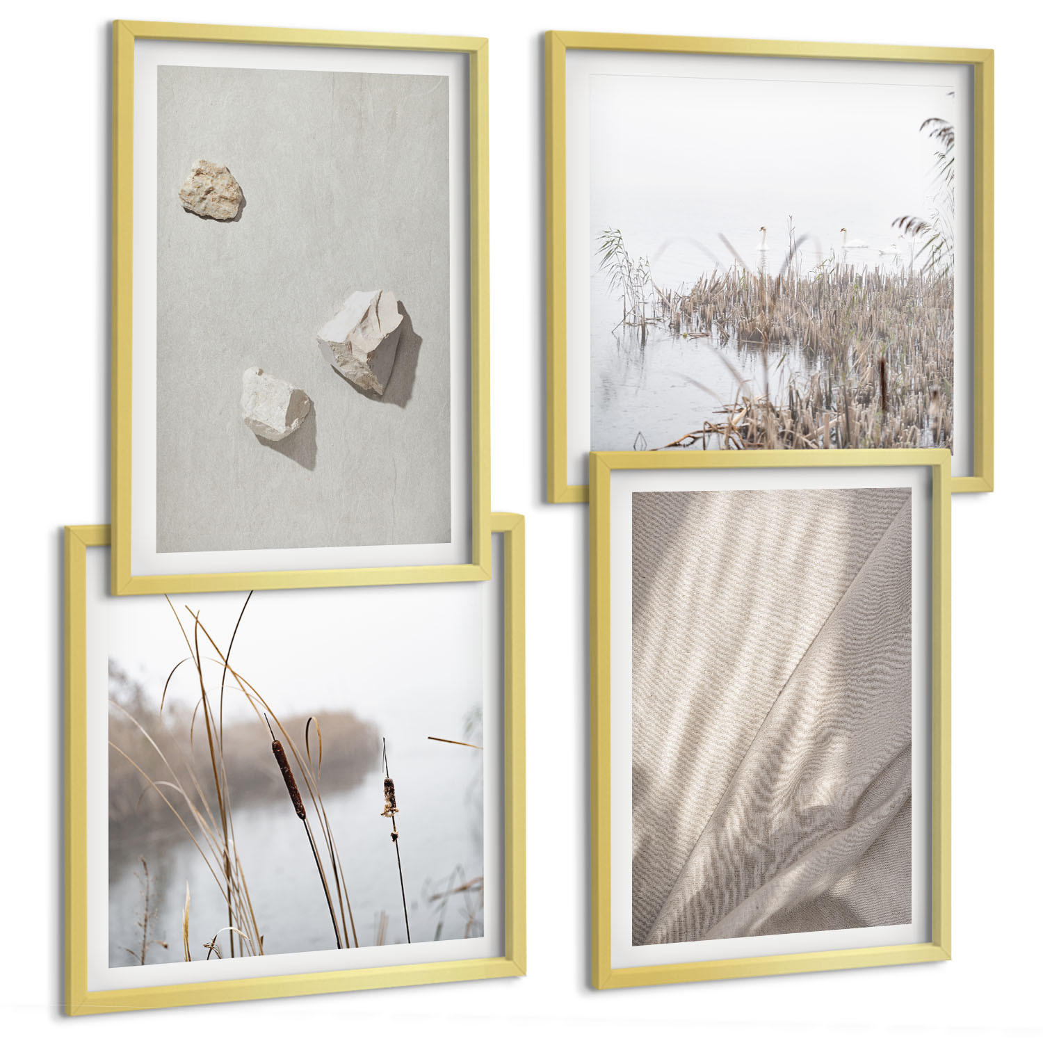 BILDER SET 4er Set - 50x50 cm & 40x60 cm Goldrahmen - Nahaufnahmen der Struktur im Boho-Stil - Goldfarben, Kunststoff (50/50cm) - TULUP