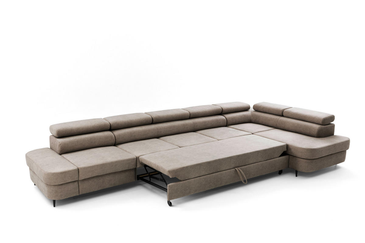 ECKSOFA PRIAM XXL L-Form Rechts mit Schlaffunktion 125x265 Velours Beige - Beige/Schwarz, Holz/Textil (203/420cm) - Muffo