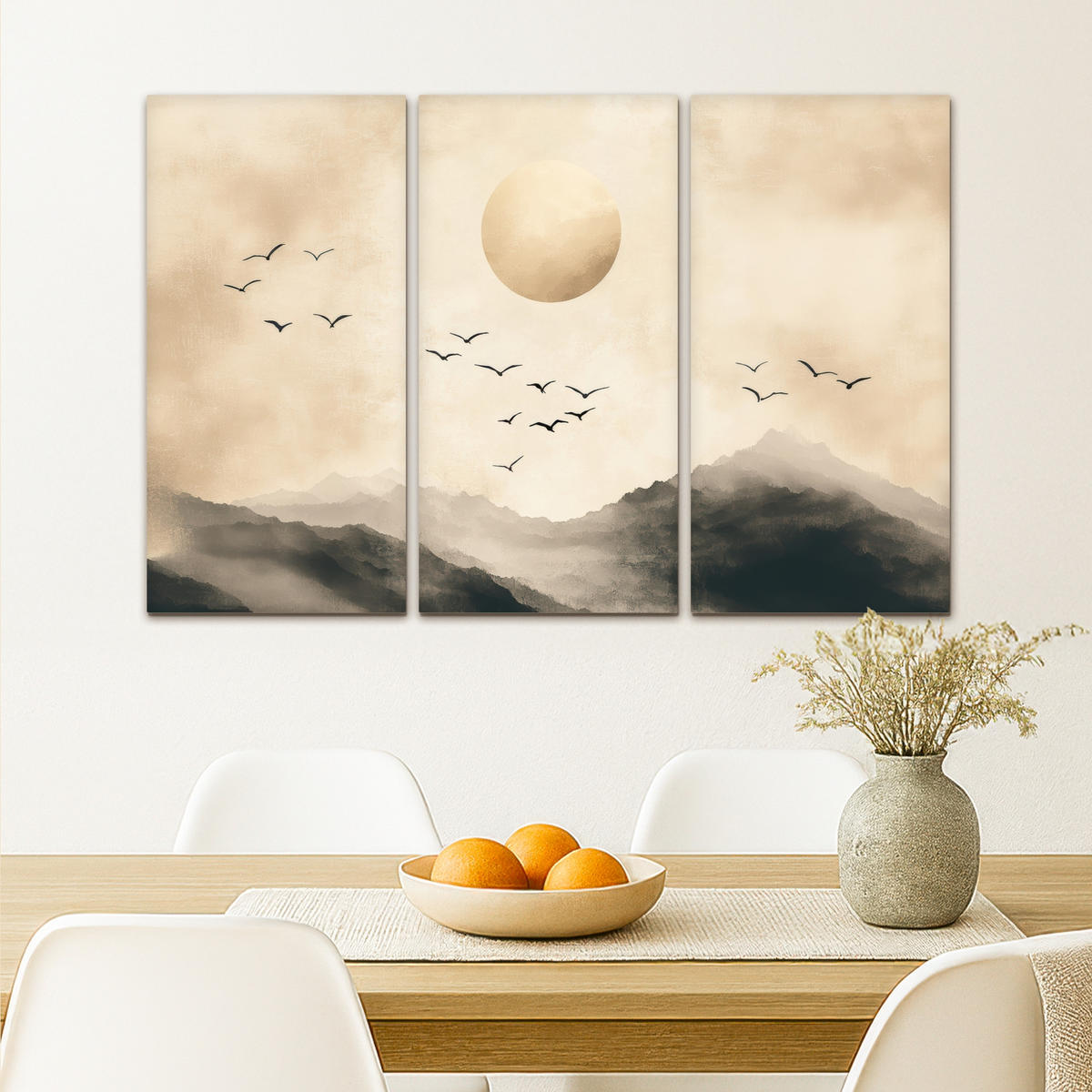 LEINWANDBILD 3er Set Landschaft - Japandi - Beige - Vögel 90x60 cm - Beige, Textil (90/60cm) - MuchoWow