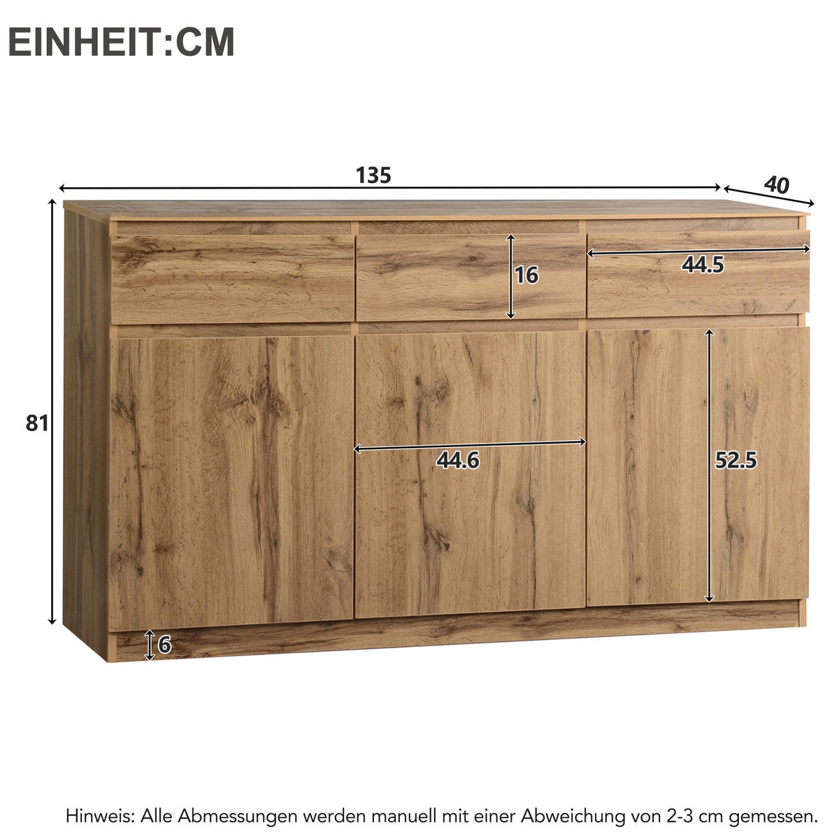 SIDEBOARD 135/40/81 cm mit 3 Türen, 3 Schubladen und verstellbaren Einlegeböden aus Spanplatte, Naturholzfarben - Naturfarben, Holzwerkstoff (135/81/40cm) - Redom