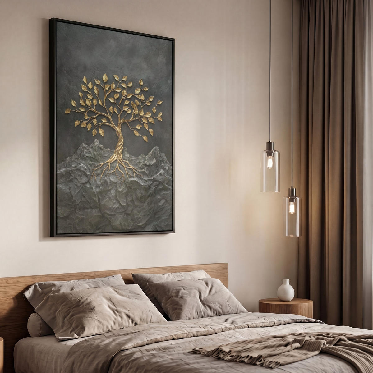 LEINWAND Bilder mit Rahmen - Blätter - Gold - Baum - Fels - 60x90 - Schwarz, Textil (60/90cm) - MuchoWow