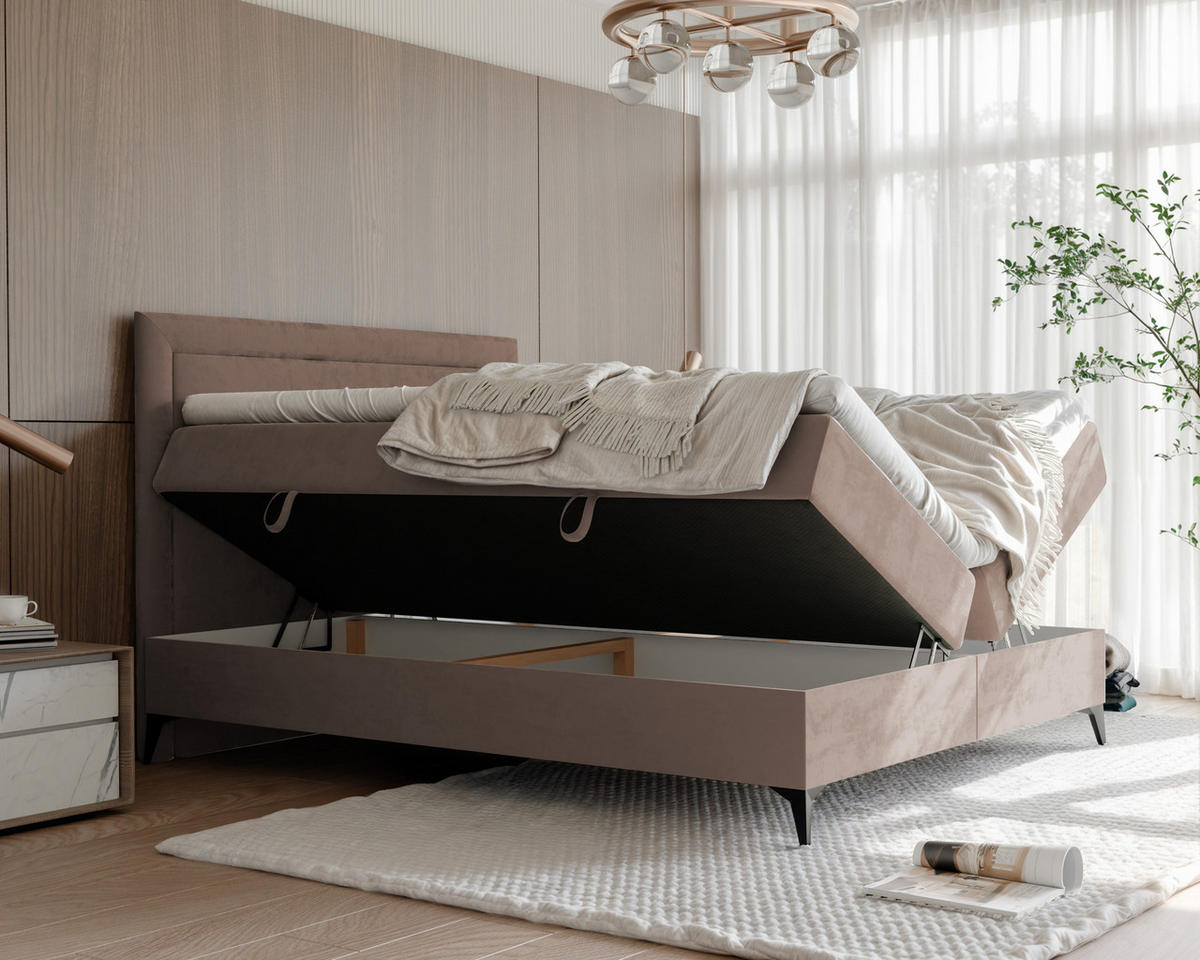 BOXBETT NERO 200/200 cm mit Matratze und Topper, Hellbraun - Hellbraun/Schwarz, Holzwerkstoff/Textil (200/200cm) - Idohome