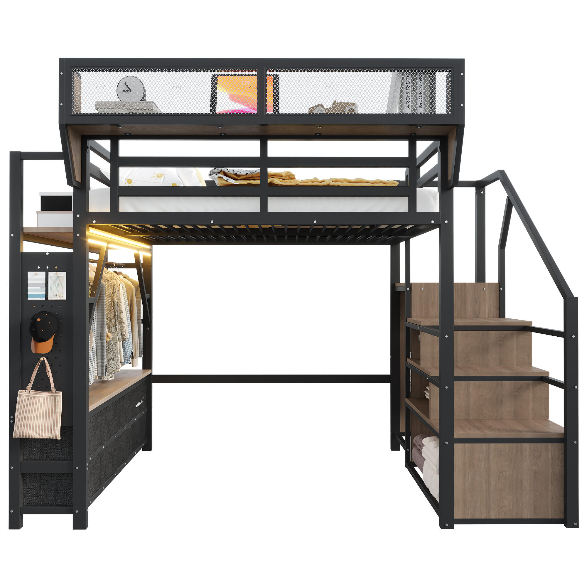 HOCHBETT 140x200cm mit Stauraum LED Schwarz - Schwarz, Metall (140/200cm) - FLIEKS