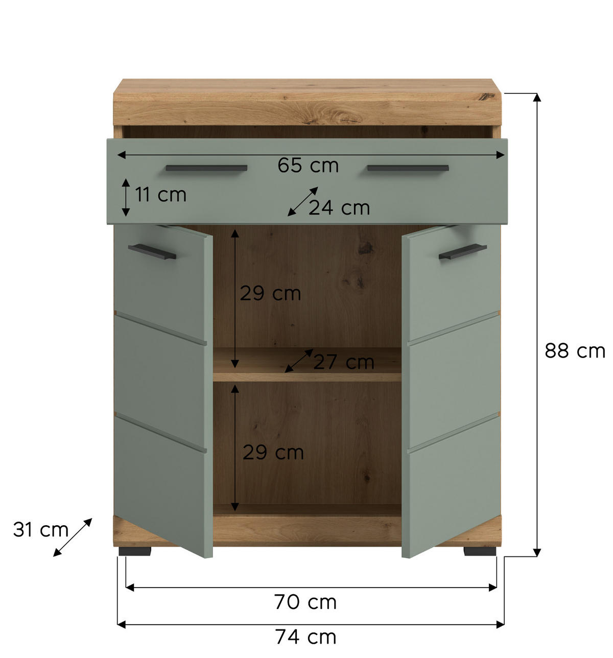 BADKOMMODE Salbei grün, Eiche Artisan 74 x 88 cm, Badschrank mit Vollauszug - Salbeigrün/Schwarz, Holzwerkstoff/Kunststoff (74/88/31cm) - Inn.Furn
