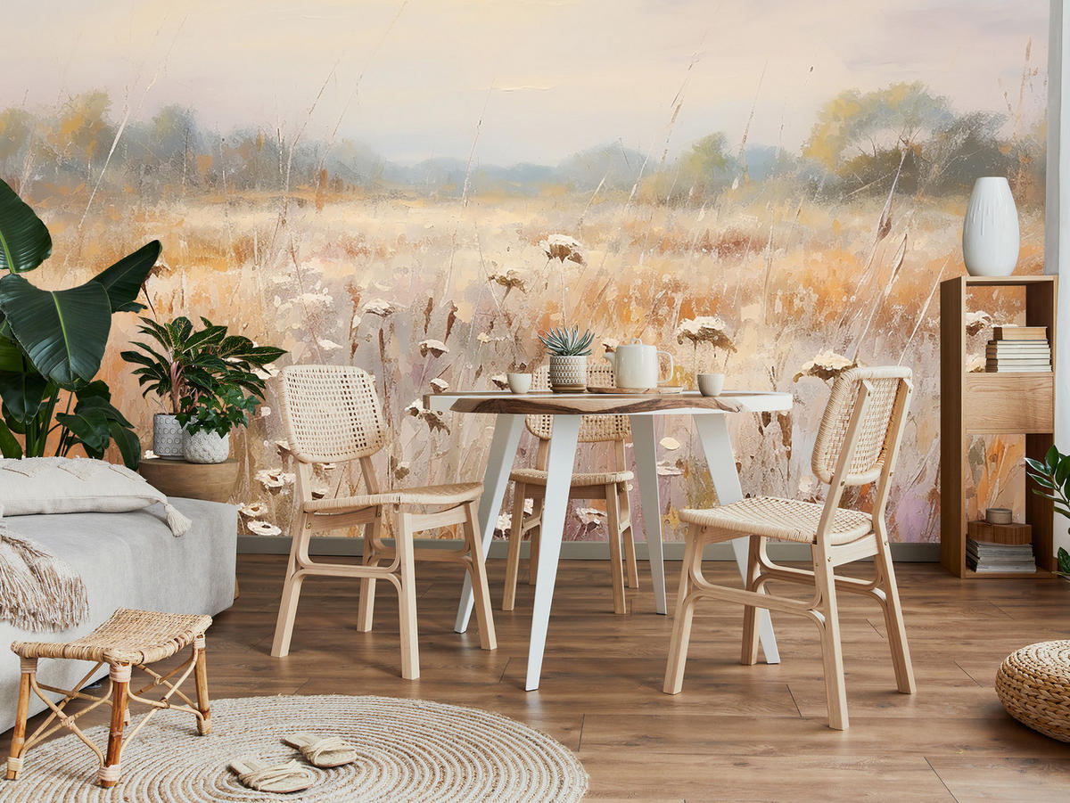 FOTOTAPETE für Esszimmer Wiese Pflanzen Retro Stil 150x105 - Gelb/Beige, Papier (150/105cm) - Muralo