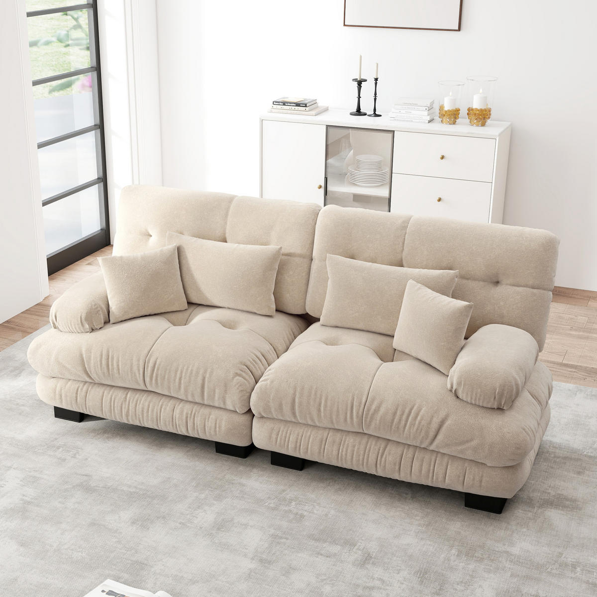 SOFA 220/77/81 cm in Hellbraun aus Chenille mit Kissen - Cappuccino, Textil (77/81/220cm) - Flora Grace