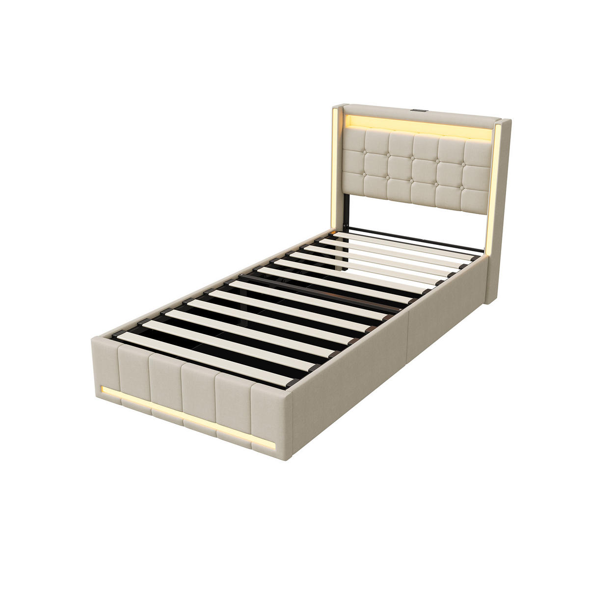 POLSTERBETT 90x200 cm Beige mit LED, Stauraum, USB-C & hydraulischem Lattenrost - Beige, Holz (90/200cm)
