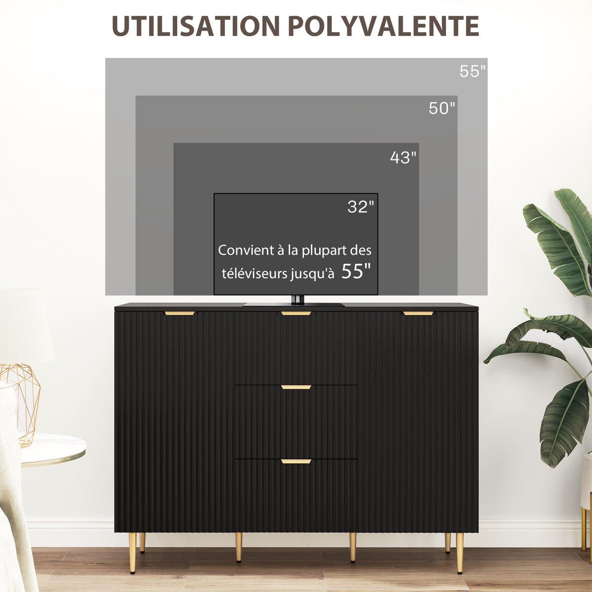 SIDEBOARD DE-11216 3 Schubladen Schwarz - Schwarz, Holzwerkstoff (120/89.5/40cm) - ComfortXL