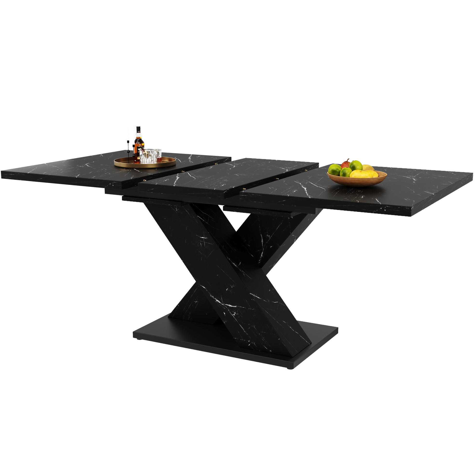 ESSTISCH 119,5-158,5/80/75 cm aus MDF ausziehbar mit X-Gestell und Marmoroptik, Schwarz - Schwarz, Holzwerkstoff (119/80/75cm) - Redom