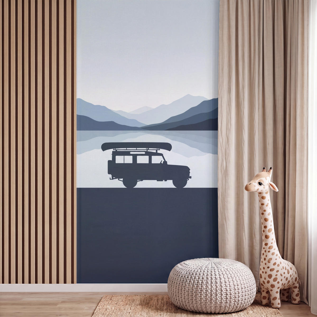 KINDERTAPETE - Auto - See - Berge - Blau - 120x240 cm - Blaugrau, Papier (120/240cm) - OnlyWow